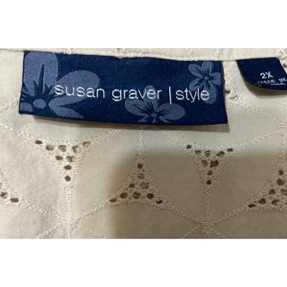Susan Graver Womens Beige Eyelet Button Blouse 2X Cotton Boho Cottagecore Mature - Picture 2 of 8